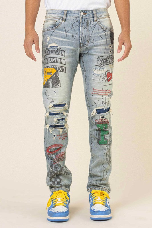 All Over Doodling Men's Slim Fit Denim Jeans